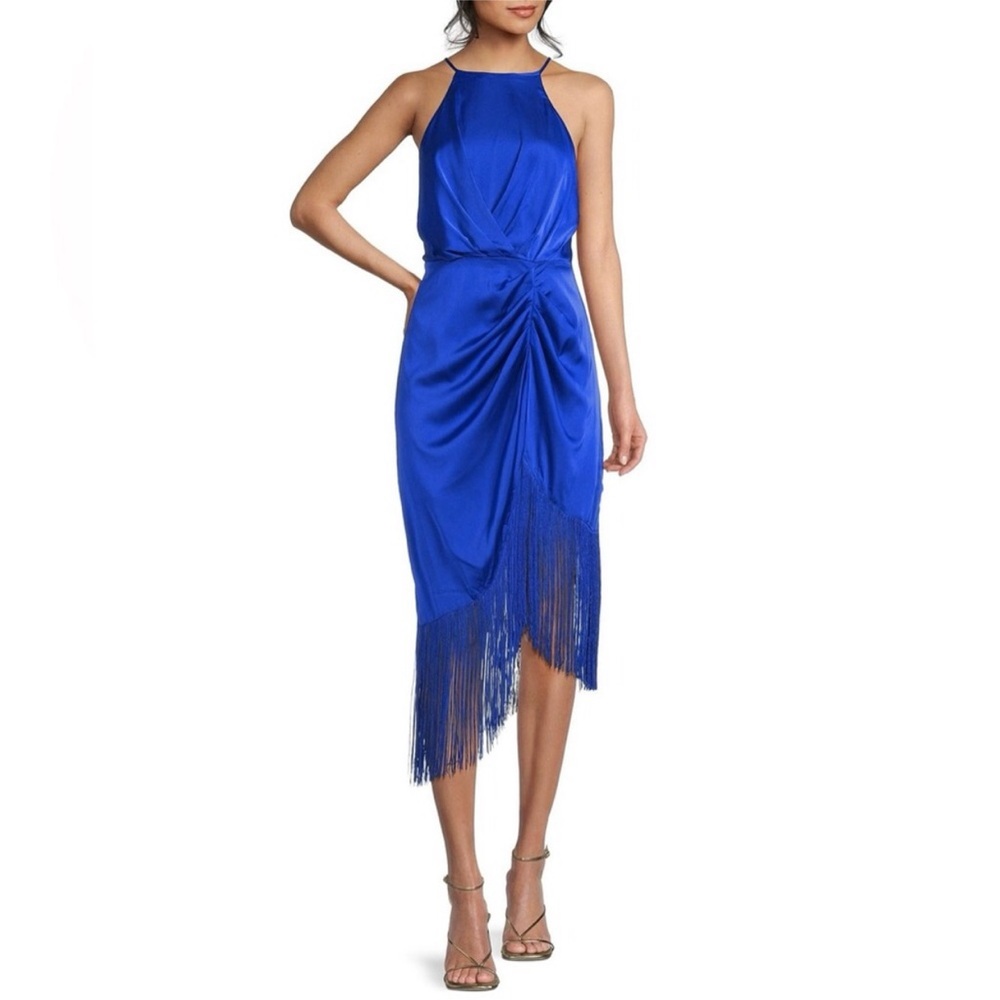 BADGLEY MISCHKA Blue Satin Cocktail Dress Fringe Hem Sleeveless Size 4 New